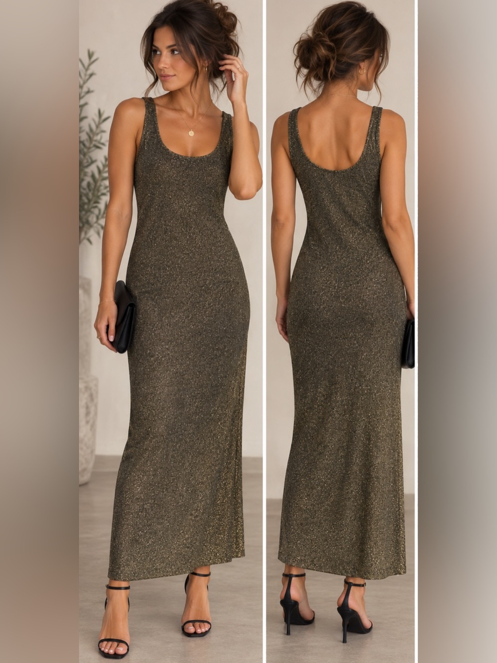 Gold Sleeveless Metallic Midi Dress